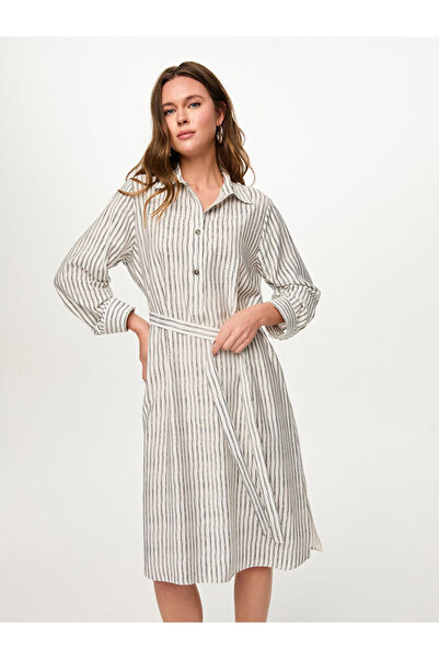Faik Sönmez Yarım Patlı Çizgili Kemerli Uzun Kol Elbise S26ELB018