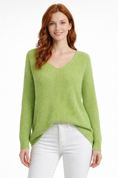 Neden Tekstil Pistachio Green V-Neck Slit Casual Sweater