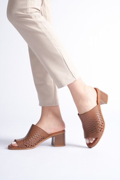 aka prestij ayakkabı comfort Genuine Leather Orthopedic Poly Sole Laser Cut Thick-Heeled Women's Slippers