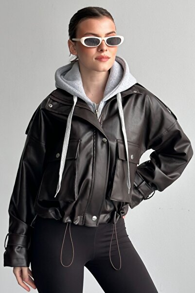 moda armanc Women's Hooded Brown Leather Jacket Oversized Crop Hoodie Detaile...