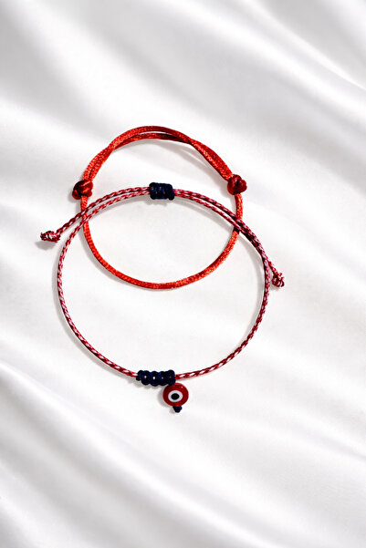 Femenino 2’li El Yapımı Kore İpi Kırmızı Cam Nazar Boncuklu Kartlı Marteniçka...