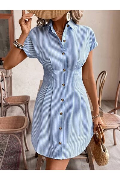 COjans Women's Short Sleeve Collared Front Buttoned Short Tricotine Dress