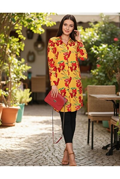 Polologin Butik Floral Patterned Long Shirt Tunic - Mustard Yellow & Red