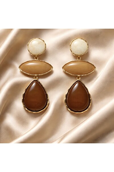 ASIADURU Gold Renk Toprak Tonlu Üçlü Sallantılı Küpe - Krem ve Kahverengi Ret...