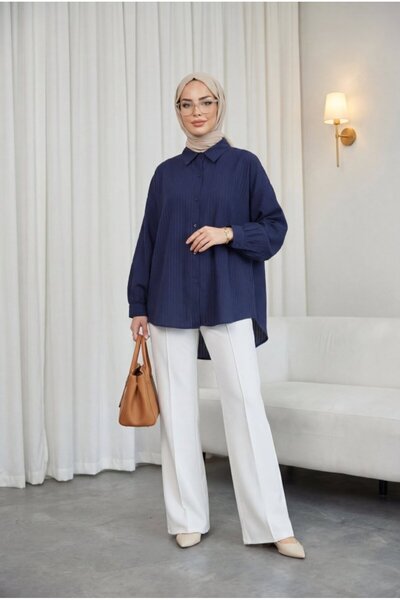 COjans Long Line Patterned Buttoned Loose-Fit Shirt - Navy