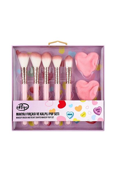 Home Makeup Brush Set 5-Piece Brush + 2-Piece Heart Sponge Valentine's Day Set