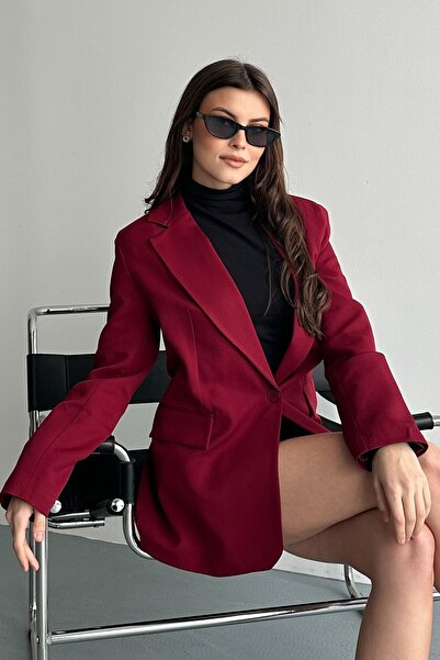 moda armanc Women's Burgundy Buttoned Oversize Blazer Jacket