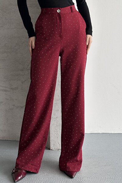 moda armanc Women's Stoned High Waist Burgundy Palazzo Trousers Wide Leg Fabr...