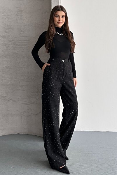 moda armanc Kadın Taşlı Yüksek Bel Siyah Palazzo Pantolon Geniş Paça Kumaş Pantolon