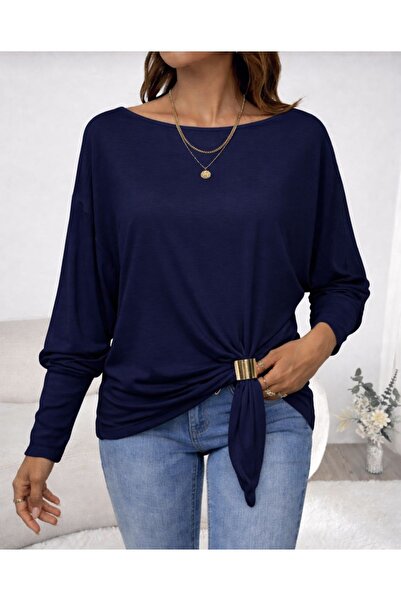 Modayakamoz Women's Long Sleeve Boat Neck Blouse with Cuff and Buckle Detail