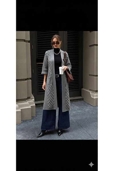yardıtekstil Tricot Knitted Pocketed Patterned Long Cardigan