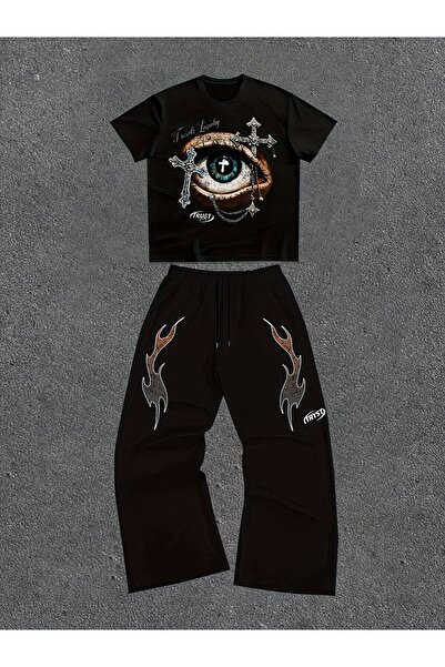 darkopia Unisex Trust Eyes Printed Oversize Tshirt and Baggy Sweatpants - Sum...
