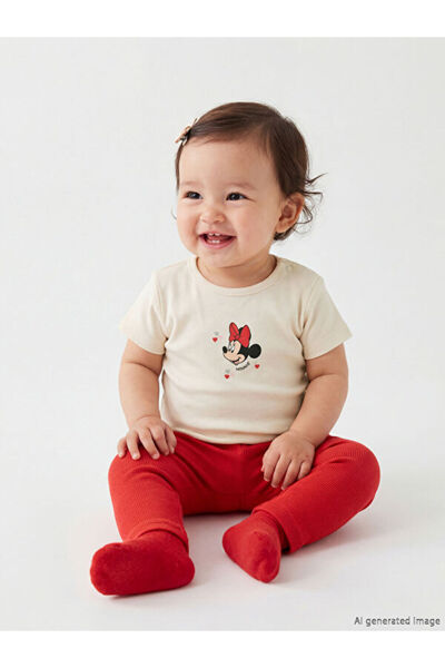 LC Waikiki Minnie Mouse Printed Baby Girl Snap-On Bodysuit and Leggings