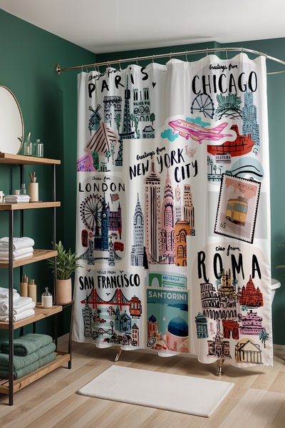 EVPANYA Perdeau de baie, perdea de duș cu modele cu simboluri ale orașelor ce...