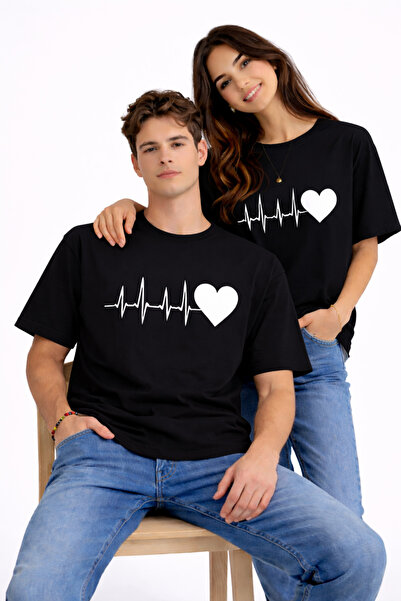 NEVERMIND Sevgili Kombini Kalp Ritmi Baskılı Çift Tişört Oversize Unisex Partner Kombin Çift Seti Siyah