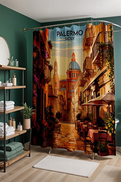EVPANYA Perdeau de baie, perdea de duș cu model Străzile Siciliei, perdea pen...