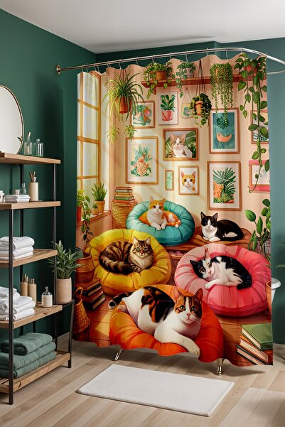 EVPANYA Завеса за баня, завеса за душ с мотив „Щастлив котарак“, завеса за ва...