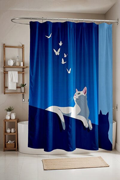 EVPANYA ستارة حمام، ستارة دش بنمط قطة ضوء القمر، ستارة حوض الاستحمام 175x200 سم