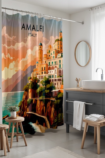 EVPANYA Perdeau de baie, perdea de duș cu model Amalfi Sunset, perdea pentru ...