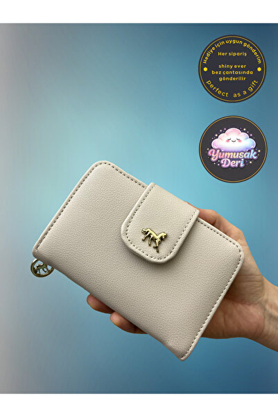 shiny ever Cream-Colored Soft Leather Women's Wallet with Gold Detail