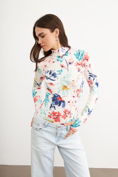 Yefrastore Women's Soft Floral Patterned Body Suit with Finger Detail