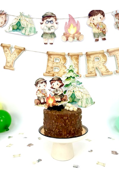 Flu Party مجموعة تزيين الكيك بحجم XL بتصميم كشافة صغيرة - سكاوت كامب