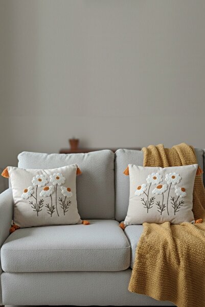 SİMEREV HALI HOME CONSEPT Punch Embroidered 2-Piece Cream Fabric Tassel Woven...