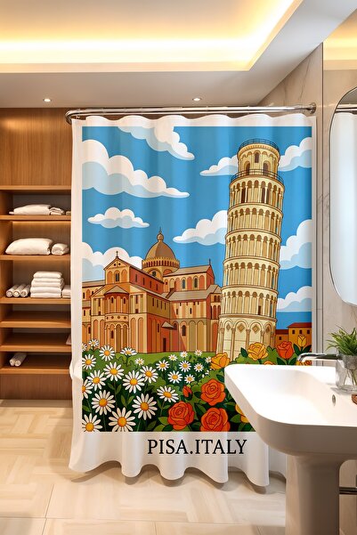 EVPANYA Banyo Perdesi, Pisa Baharı Desenli Duş Perdesi, Küvet Perdesi 175x200cm