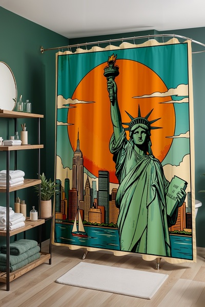 EVPANYA Perdeau de baie, perdea de duș cu model Freedom City, perdea pentru c...