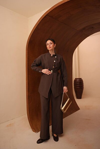 Safgiyim44 Gold Button Belted Double Suit Brown