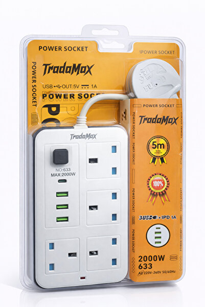 ANAKA توصيلة كهربائية TradaMax بطول 5 متر - 4 مقابس و 4 منافذ شحن (USB و Type...