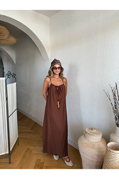 TOFAN TRİKO Lace-Up Detail Strappy Seersue Summer Dress