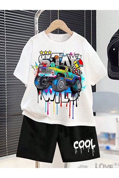 Kids Summer Stay Wild Cool Car Printed Boys' Black Shorts and White T-Shirt Set