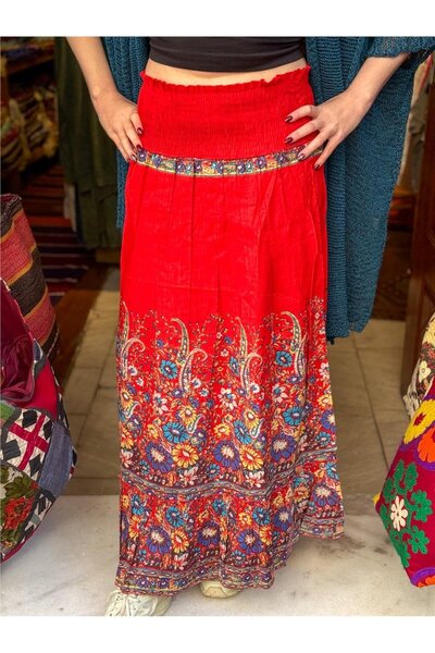 Miss Boheme Red Color Floral Patterned Ethnic Bohemian Skirt