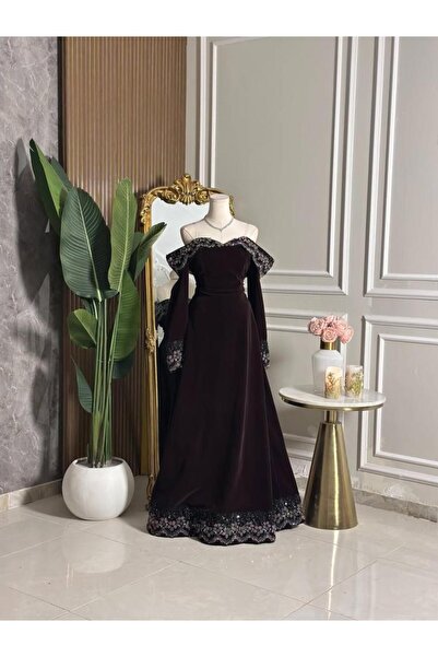 vanus fashion 6849-Velvet off-shoulder evening dress