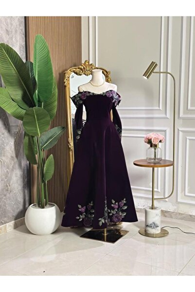 vanus fashion 6881 -فستان موفي مخملي فاخر بتطريز وردي أنيق
