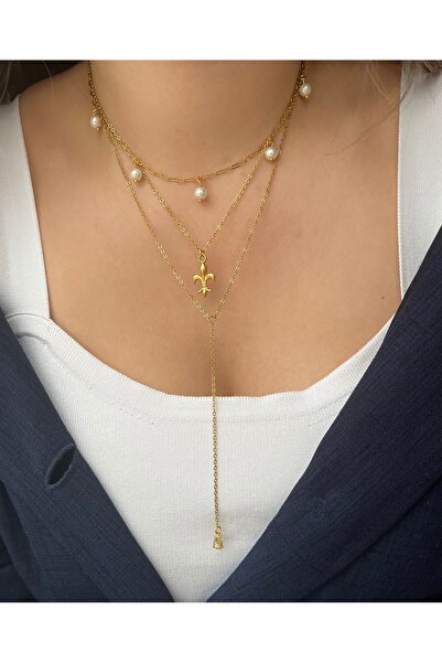 RAREE Üçlü set inci ve lale detaylı zincirli y kolye