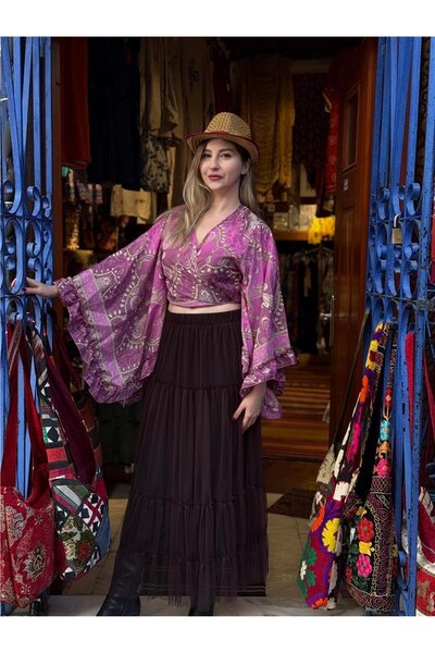 Miss Boheme Pembe Renk İspanyol Kol Gold Detaylı Şal Desenli İpek Bluz