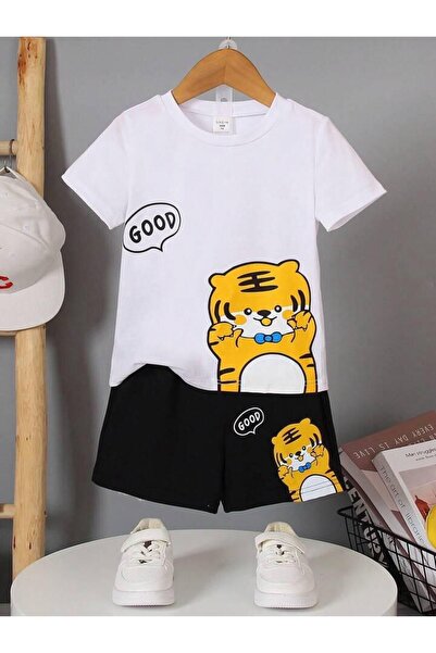 Kids Summer Good Cat Printed Boys and Girls Black Shorts and White T-Shirt Set