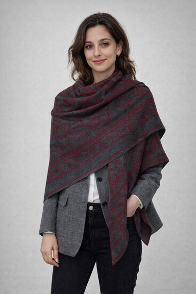 Sebir Moda Ethnic Patterned Double-Sided Knitwear Triangle Shawl