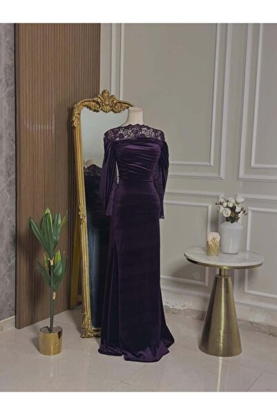 vanus fashion 6804 -فستان مخملي موف داكن بتفاصيل دانتيل ناعمة