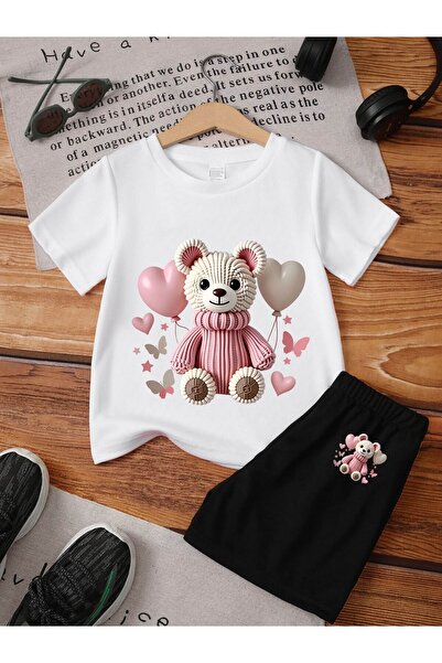 Kids Summer Balloon Teddy Bear Printed Boys and Girls Black Shorts, White T-S...