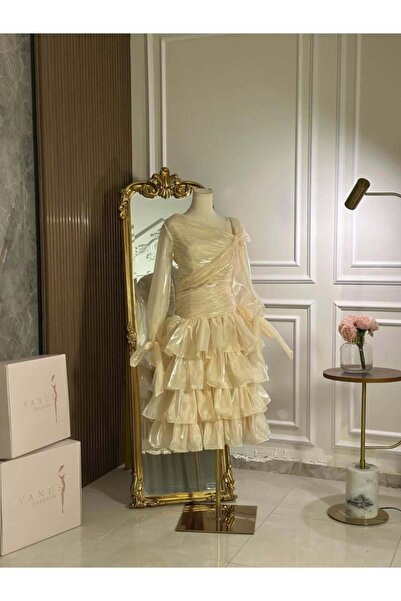 vanus fashion 7001 - فستان ميدي سكري لماع باكمام طويلة وتصميم طبقات