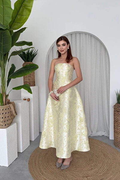 Hollyhocks Satin Jacquard Design Flared Strapless Princess Women's Dress