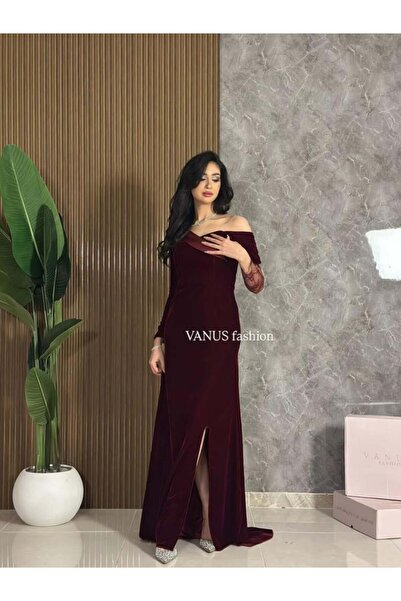 vanus fashion 6826- Elegant off-the-shoulder velvet evening dress