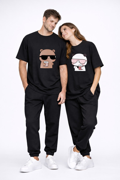 NEVERMIND Lover Couple T-Shirt Panda Character Printed Partner Combination Ov...
