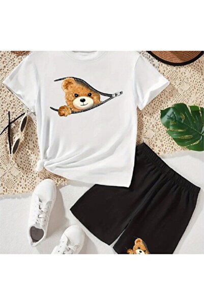 Kids Summer Zippered Teddy Bear Printed Boys and Girls Black Shorts and White...