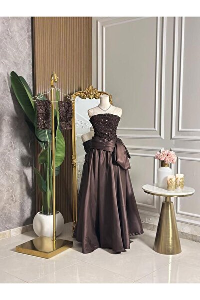 vanus fashion 6841-Chocolate brown evening dress with a corset cut and wide s...