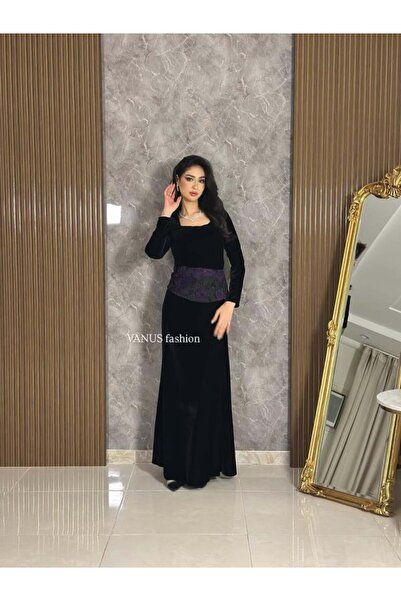 vanus fashion 6788 - Black Velvet dress with purple Lace details