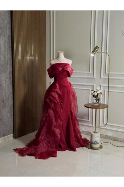 vanus fashion 6777 - فستان أوف شولدر عودي بتصميم ملكي